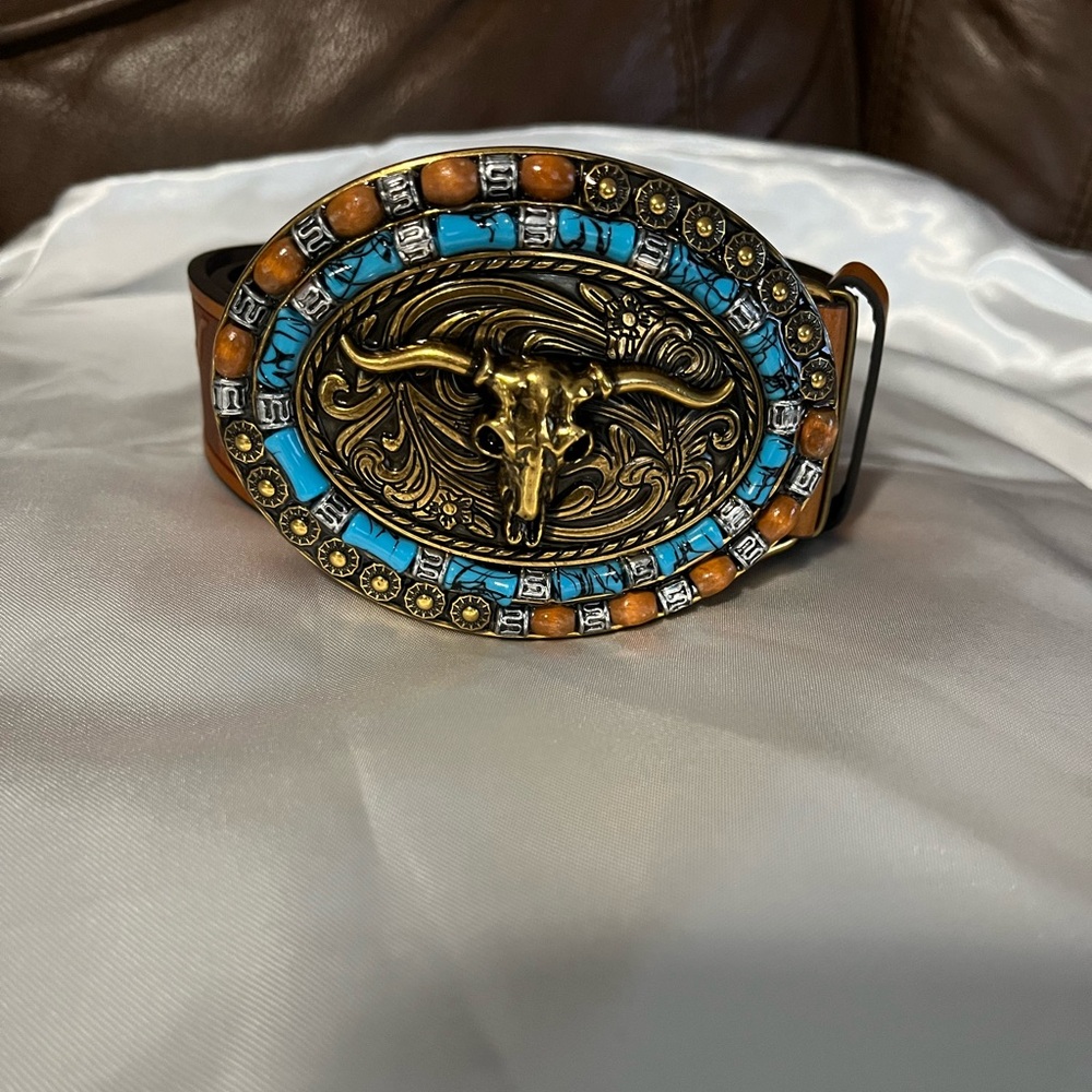 Western Cowboy Belt Leather Longhorn Bull Turquoise Embossed Buckle